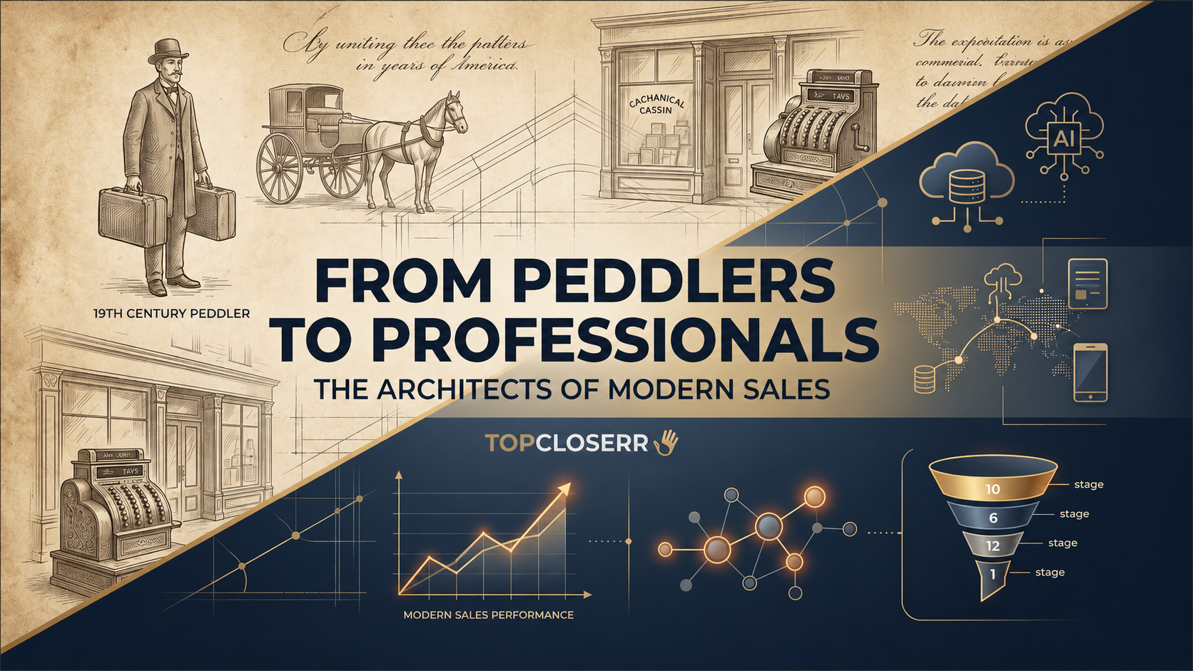 A graphic titled "From Peddlers to Professionals: The Architects of Modern Sales" by TopCloserR. The image blends a vintage 19th-century sepia sketch of a traveling peddler and an old cash register on the left with a modern, high-tech dark blue and gold digital interface on the right featuring sales performance graphs, cloud data icons, and a structured sales funnel.