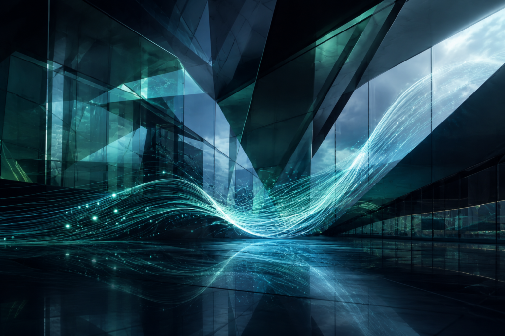 Abstract corporate glass architecture with dynamic blue data waves symbolizing the velocity of TopCloserR News and Insights updates.