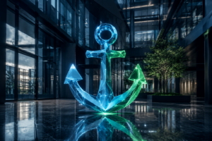 A large glowing blue and green geometric anchor stands in the center of a sleek corporate glass atrium with reflective floors, representing the digital foundation of TopCloserR Business Profiles.