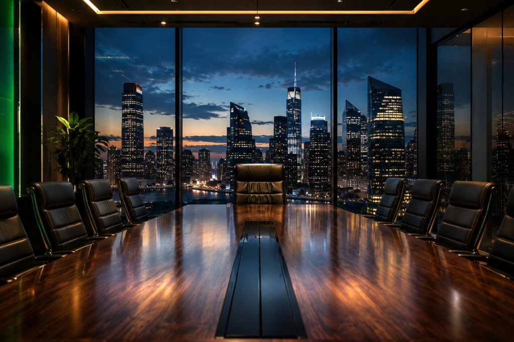 A vacant executive boardroom with leather chairs and a polished wood table overlooking a vibrant city skyline at twilight, symbolizing elite talent discovery on the TopCloserR job board.
