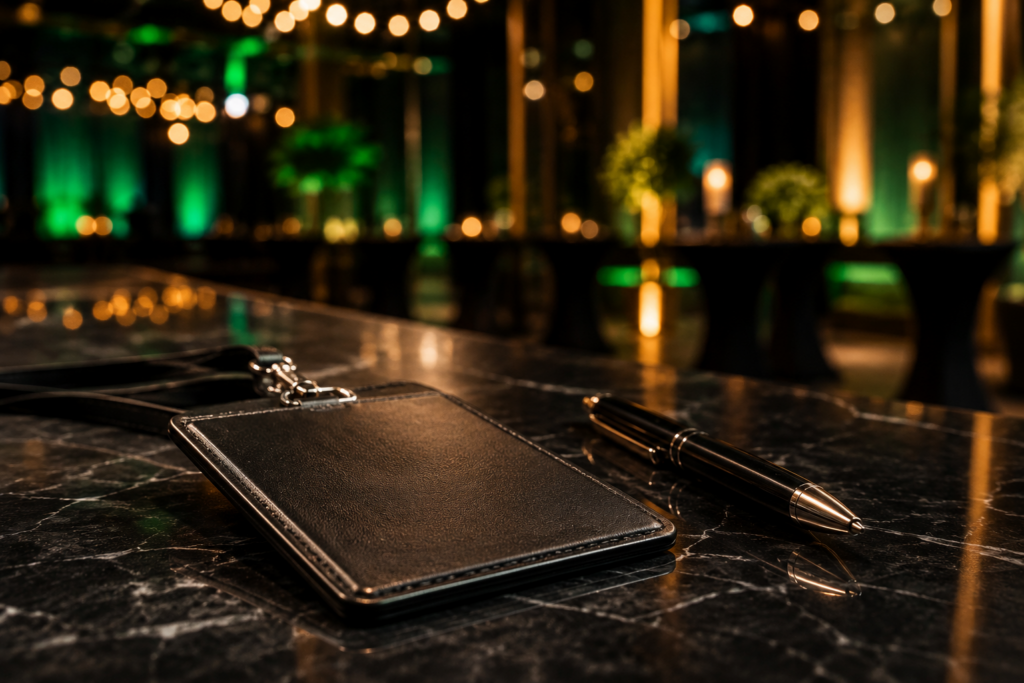 A close-up macro shot of an executive event pass and premium pen resting on a dark polished reception counter, representing the TopCloserR Events marketplace.