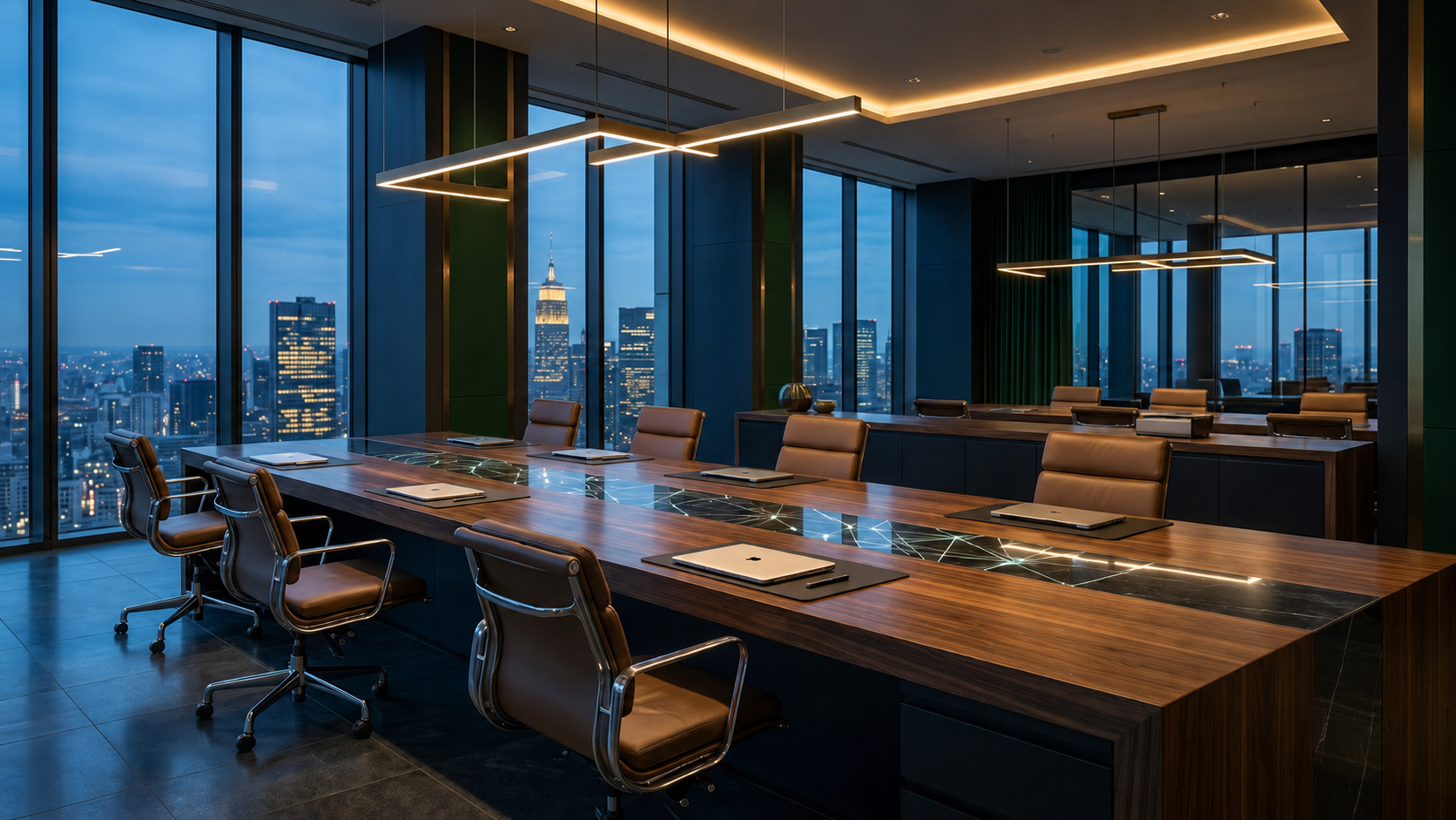 A high-end enterprise boardroom at twilight with a data-network line embedded in a long wood table, serving as the official header for the TopCloserR Blog.