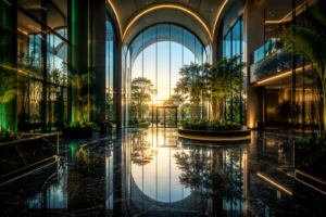 A grand modern architectural glass lobby at sunrise with clean reflections, serving as the official featured image for the Welcome to TopCloserR post.