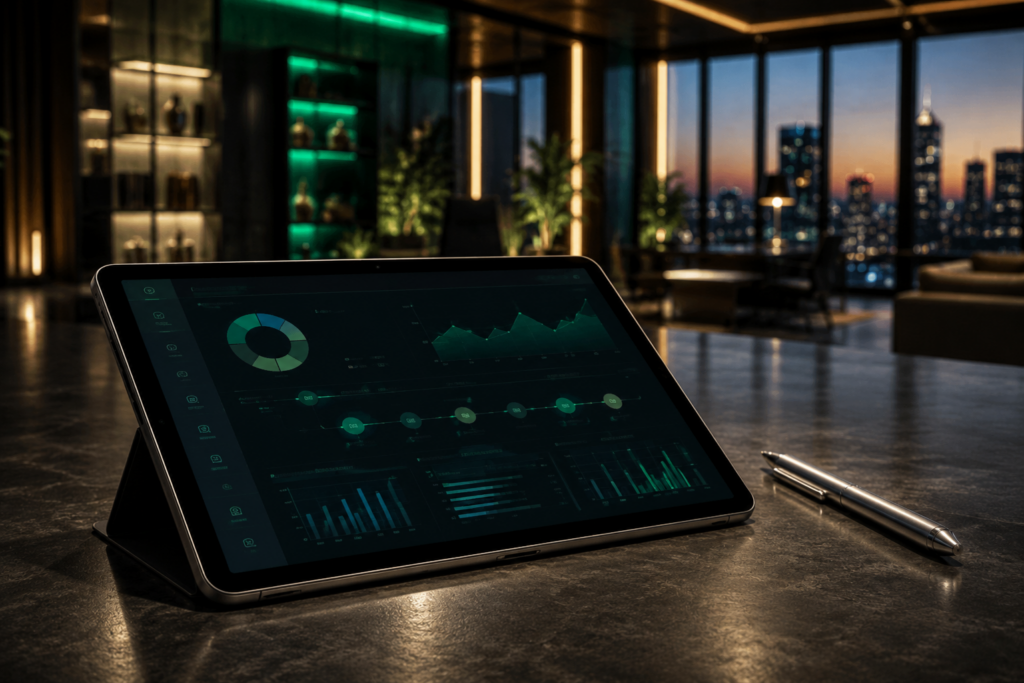 A premium tablet displaying a data analytics dashboard and timeline next to a metallic pen on a dark desk, representing a Digital Sales Room.