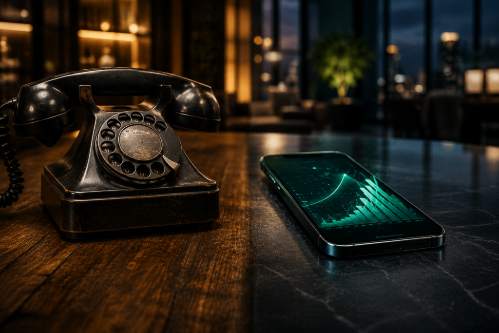 A cinematic split-perspective shot of an antique black rotary phone on a wood desk next to a modern smartphone displaying a glowing green data chart.