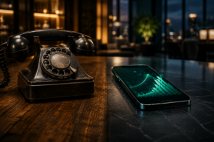 A cinematic split-perspective shot of an antique black rotary phone on a wood desk next to a modern smartphone displaying a glowing green data chart.