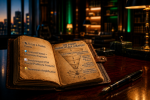 An open antique journal on a dark mahogany desk displaying a hand-drawn sales funnel diagram next to a fountain pen.