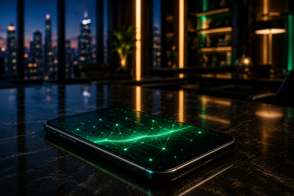 A modern smartphone on a dark stone desk displaying a green glowing neural network graph in an executive office at dusk.