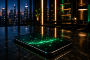 A modern smartphone on a dark stone desk displaying a green glowing neural network graph in an executive office at dusk.