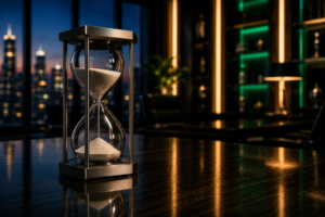 An elegant glass and metal hourglass resting on a dark polished table inside a luxury executive suite at dusk.