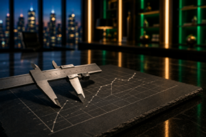 A silver mechanical caliper measuring a data grid line on a dark stone desk inside an executive suite at dusk.