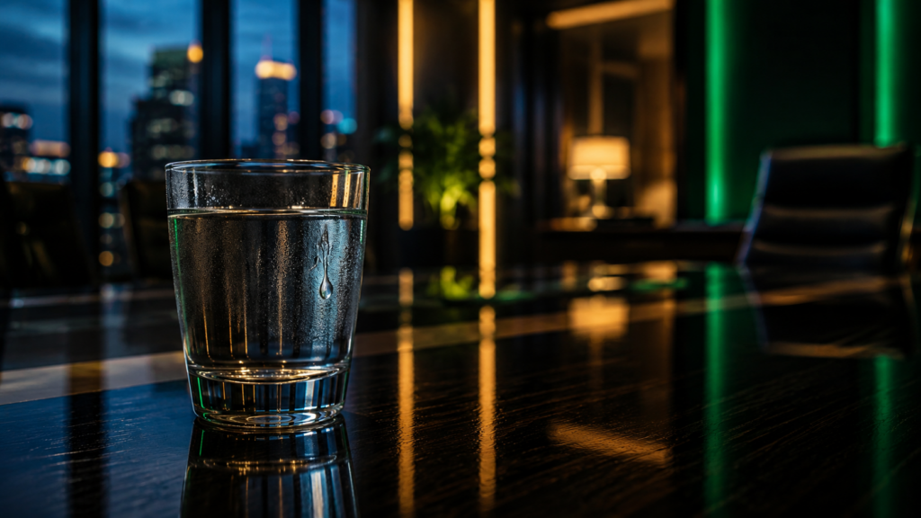 A close-up shot of a single water glass on a dark executive boardroom table at dusk, symbolizing high-stakes negotiation tension.