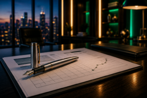 A luxury fountain pen resting on corporate documents to outline new enterprise quota models for revenue operations.