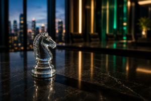 A crystal chess piece resting on a dark polished granite surface inside a luxury executive boardroom at dusk.