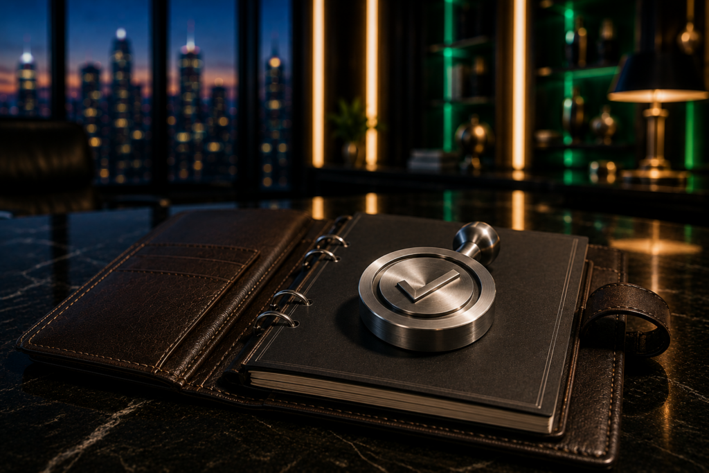 A luxury silver partner approval stamp resting on a dark leather workbook inside an executive office to help recruiters attract top sales professionals.