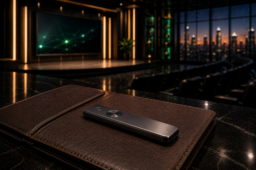 A premium presentation remote resting on a dark leather folder inside an executive auditorium suite at dusk to help sales events promoters.