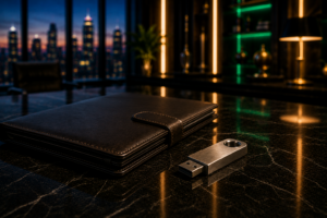 A sleek silver security key resting on a dark leather folio layout inside an executive office to help sales professionals secure career privacy.