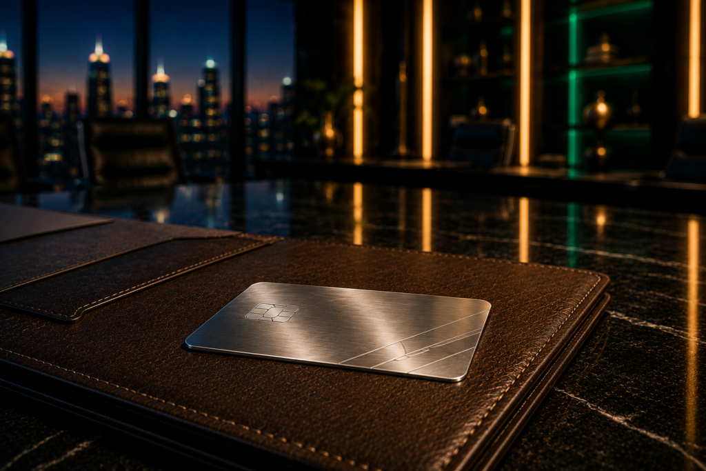 A premium silver tech token card resting on an open dark leather document folder inside an executive suite at dusk to help sales technology vendors.