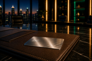 A premium silver tech token card resting on an open dark leather document folder inside an executive suite at dusk to help sales technology vendors.