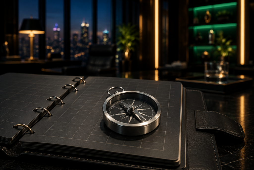A metal compass resting on an open dark grid-lined notebook inside a luxury executive office suite at dusk.
