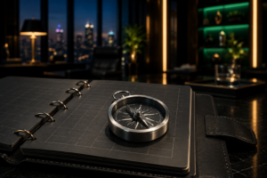 A metal compass resting on an open dark grid-lined notebook inside a luxury executive office suite at dusk.