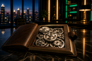 A brushed-silver mechanical gear mechanism resting inside an open leather workbook planner on an executive desk at dusk.